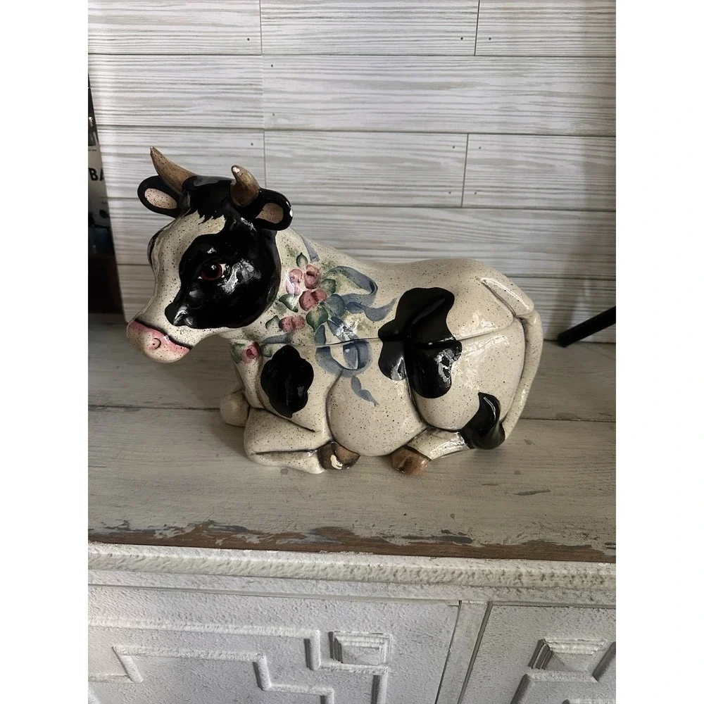 Vintage Ceramic Rare 2 Piece Cow Cookie Jar Hand Painted
